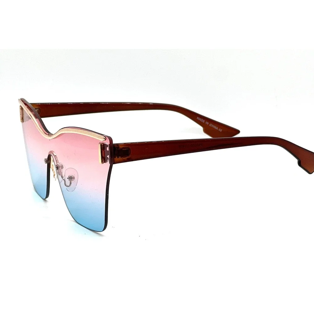 Oversized Shield Sunglasses Pink Blue Gradient Lens Rimless Gold Trim Butterfly